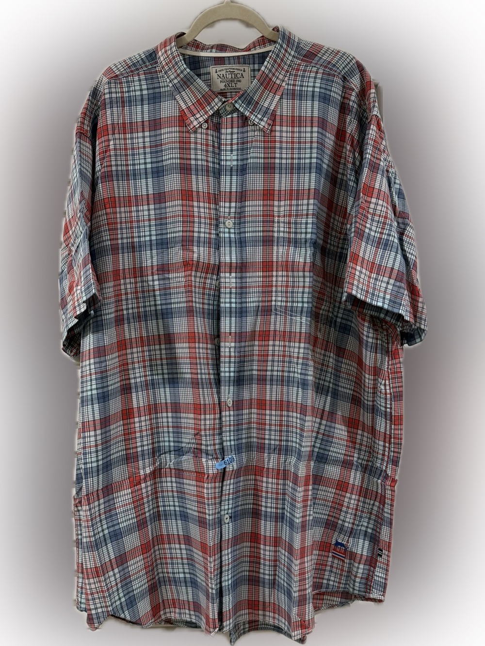 Nautica Red, Blue and White Plaid Short-Sleeve Button-Down Shirt